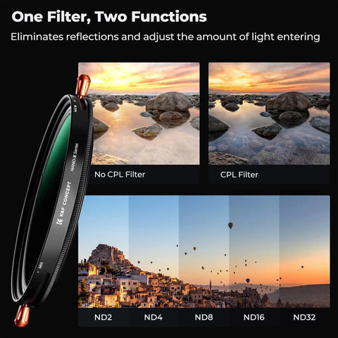 95mm Variable ND And CPL Filter 2 In 1 for Camera Lens with sky and reflection comparisons