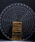 Center finder compass tool, 200mm round, front view; clear acrylic with needle and pencil for wood lathe.