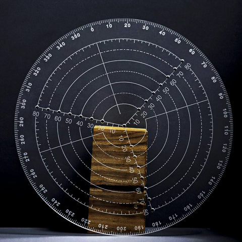 Center finder compass tool, 200mm round, front view; clear acrylic with needle and pencil for wood lathe.