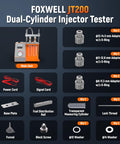 Fuel Injector Tester For Six Volt And Twelve Volt MPI Injectors Fix Misfire And Rough Idle Visualize Spray Pattern And Flow Rate Diagnostic Tool For Cars And Motorcycles To Maximize Fuel Efficiency, showing JT200 dual-cylinder injector tester components.