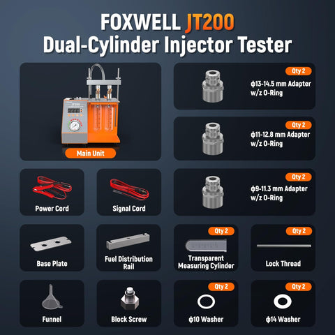 Fuel Injector Tester For Six Volt And Twelve Volt MPI Injectors Fix Misfire And Rough Idle Visualize Spray Pattern And Flow Rate Diagnostic Tool For Cars And Motorcycles To Maximize Fuel Efficiency, showing JT200 dual-cylinder injector tester components.