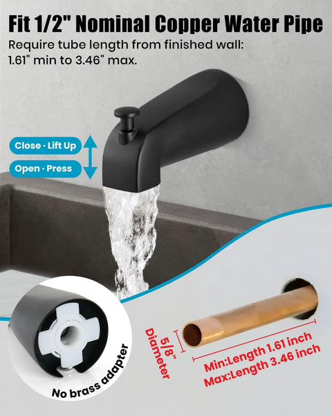 Dope Matte Black Tub Shower Faucet Set With Six Water Modes And Magnetic Handheld Valve Kit Designed For One Handed Use And Killer Water Pressure showing a close-up of the tub spout with water flow.