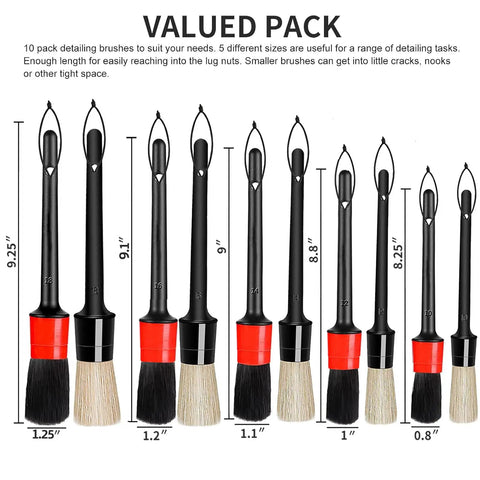 10 Piece Pro Grade Car Detailing Brush Set For Interior Exterior Cleaning Boar Hair Brushes With Beefy Bristles Valued Pack Image
