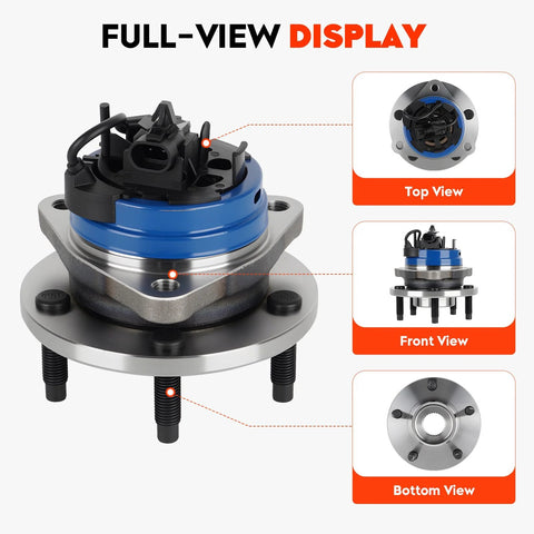 Front Wheel Hub Bearing Assembly Fits Malibu 2004 2012 Cobalt 2008 2010 HHR 2008 2010 Pontiac G6 2005 2010 Saturn Aura 2007 2009 5 Lug With ABS Replacement 513214 1 Piece, shown in top, front, and bottom views.