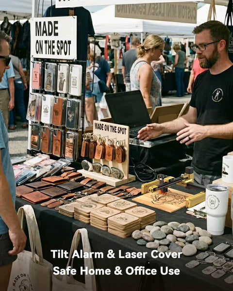 Market stall displaying leather wallets, wooden coasters, and engraved keychains on a table; vendor uses a laptop.