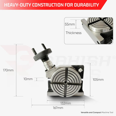 4 Inch Rotary Table For Milling Machines With Horizontal And Vertical Orientation, 4 T-Slot, measurements and construction
