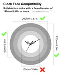 Eight Piece Black Clock Hands Set For 140mm Clock Faces Antique Style With Thick Mounting Hole Mini Mantel Quartz Parts DIY Repair Kit For Table Clocks And Bulk Projects showing size compatibility chart
