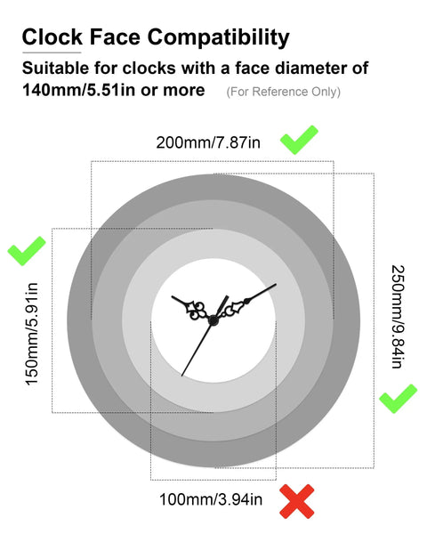 Eight Piece Black Clock Hands Set For 140mm Clock Faces Antique Style With Thick Mounting Hole Mini Mantel Quartz Parts DIY Repair Kit For Table Clocks And Bulk Projects showing size compatibility chart