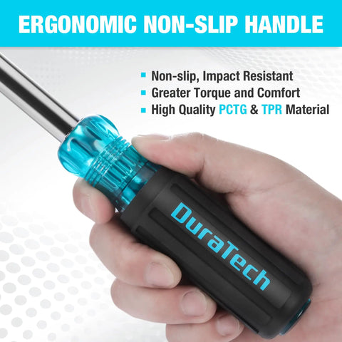 Close-up of hand holding 11 In 1 Multi Bit Screwdriver And Nut Driver Kit with S2 steel bits, ergonomic handle
