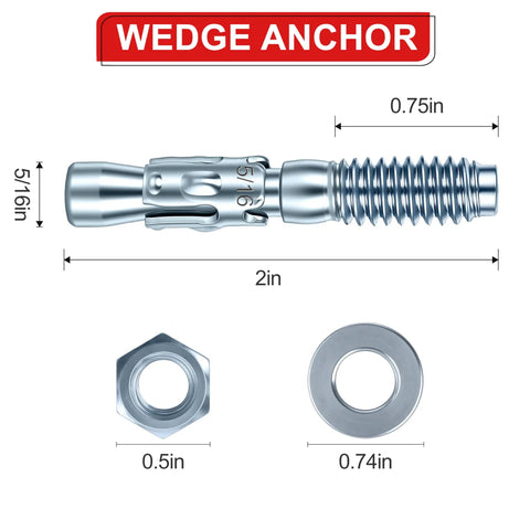 Heavy Duty Galvanized Wedge Anchors, 24 Piece Concrete Screw & Wall Bolt Kit, 5/16 X 2 In. with nut and washer.