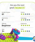 Kids First Gears STEM Kit For Ages 3 And Up Hands On Gear Powered Models Four Builds Learn Gears Power And Motion Mechanical Engineering With Durable Parts For Curious Young Learners Fun And Educational box details with colorful gears and logo.