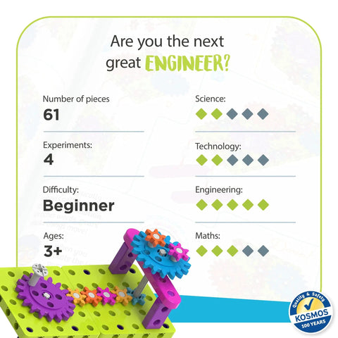 Kids First Gears STEM Kit For Ages 3 And Up Hands On Gear Powered Models Four Builds Learn Gears Power And Motion Mechanical Engineering With Durable Parts For Curious Young Learners Fun And Educational box details with colorful gears and logo.