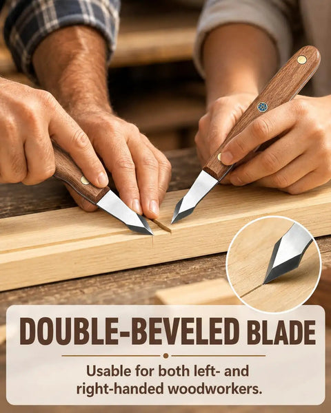 Straight Shooter High Carbon Steel Wood Marking Knife For Dead On Precision Scoring used by woodworkers on a workpiece.