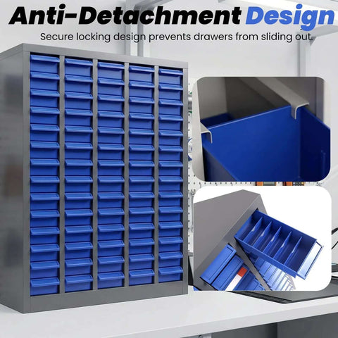 Alloy Steel 75 Drawer Parts Cabinet Organizer with ABS drawers for heavy duty hardware storage in shop warehouse and factory workspaces.