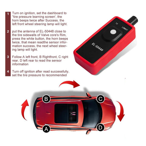 Zero Hassle TPMS Relearn Reset Tool and Tire Pressure Sensor Programmer for Universal Cars Trucks SUVs Clears Dashboard Warning Lights Rock Solid EL-50449 in use with vehicle instructions.