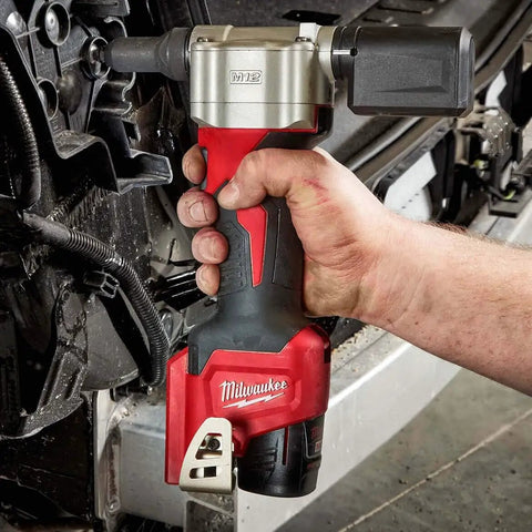 M12 Cordless Rivet Tool Kit for No Fuss Riveting on Aluminum, Steel And Stainless Rivets in use, handheld view