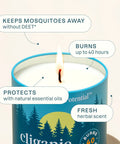 Mosquito Repellent Candle For Outdoor Use With Citronella And Essential Oils DEET Free 9oz Soy And Beeswax Blend, lit with label details