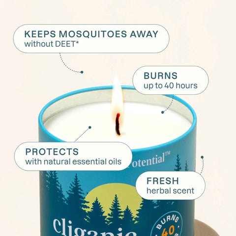 Mosquito Repellent Candle For Outdoor Use With Citronella And Essential Oils DEET Free 9oz Soy And Beeswax Blend, lit with label details