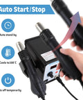 Demonstrating the auto start/stop feature of 858D Hot Air SMD Rework Station with heat gun and digital controls.