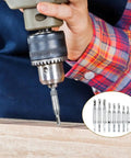 Eight Piece Center Drill Bit Set With Automatic Center Punch for woodworking, shown in use with power drill, includes multiple sizes