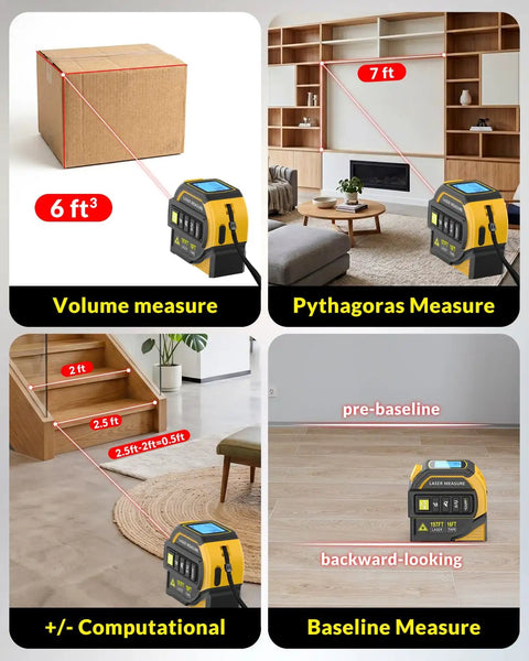 Skip The Hard Math With This Smooth 4 In 1 Laser Distance Meter Featuring Built In 16 Ft Tape And Dual Axis Level And Crosshair Sight For Zero Sweat Layouts On Backyard Sheds Or Tight Commercial Job Sites Where Precision Matters