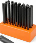 Transfer Punch Set 28-Piece, 3/32 Inch To 1/2 Inch, heat treated alloy steel in orange index stand, black oxide finish.