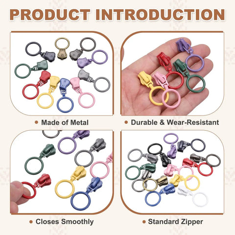 20 Pack Size 5 Zipper Sliders Metal Replacement With Pull Loop No Sewing Needed For Quick Fixes On Bags Wallets Jackets And Other Closed End Zippers In Green DIY Friendly shown in various colors and uses