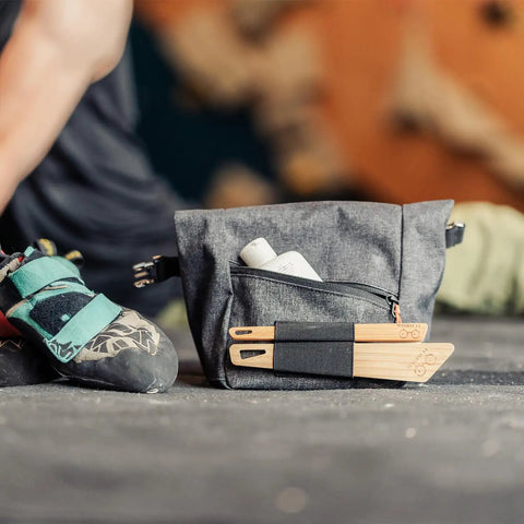 Climbing shoes and chalk bag with Best Ever Climbing Brush For Chalk And Bouldering Vegan Chalk Bag Friendly Rock Climbing Brush