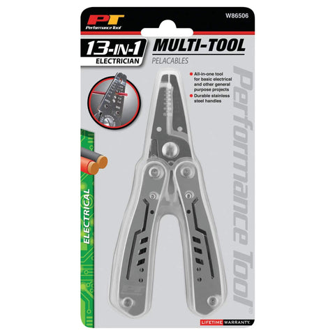 Packaging of 13-In-1 Electrician Multi-Tool for Wiring Projects with Wire Strippers, Long Nose Pliers, and Cutters, stainless steel handles