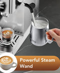 Premium Compact Espresso Maker With 20 Bar Italian Pump And Hella Smooth Milk Frother With Visual Pressure Gauge, steam wand in use.