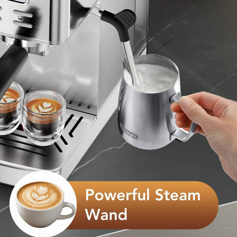 Premium Compact Espresso Maker With 20 Bar Italian Pump And Hella Smooth Milk Frother With Visual Pressure Gauge, steam wand in use.