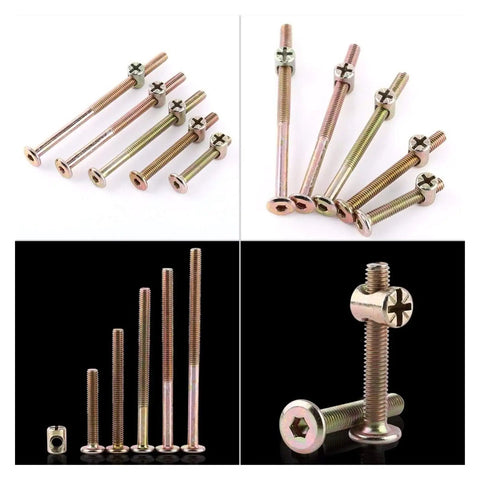Rock Solid Furniture Bolts Paired With Slick Barrel Nuts And Rust Proof Zinc Plated Carbon Steel For Zero Wiggle Wood Joinery In Your Next Big Weekend Project, assorted sizes visible.