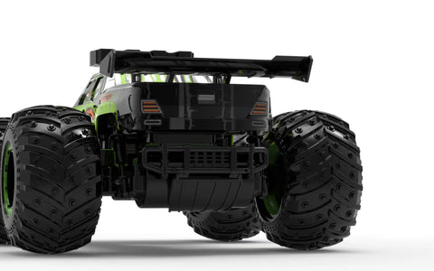 Rear view of Rugged Dino Theme RC Monster Truck For Kids Ages 4 To 12 Blazing 20kmh Speed All Terrain Off Road Crawler.