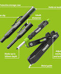 Heavy Duty Woodworking Scribe Tool Set With Deep Hole Marking Pen And Replacement Leads, Jobsite Ready Carry Case showcasing tools.
