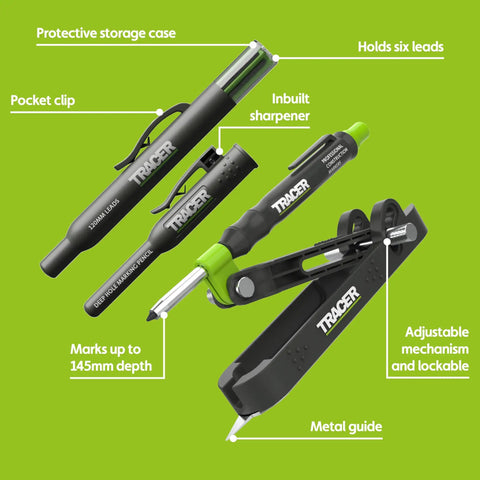 Heavy Duty Woodworking Scribe Tool Set With Deep Hole Marking Pen And Replacement Leads, Jobsite Ready Carry Case showcasing tools.