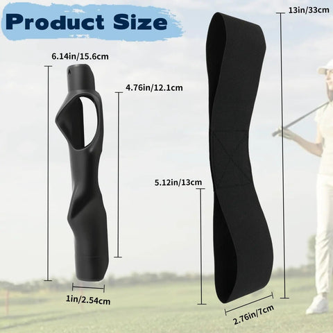 Golf Grip Trainer Pro and arm band with measurements for stronger wrists and smoother swings with precision finger guides