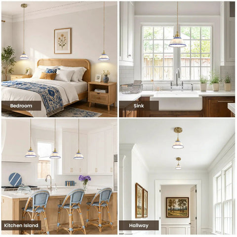 Ceramic Blue and White Pendant Light,Porcelain Light Fixture Kitchen Island, hanging in kitchen over bar stools.