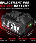 Upgraded 20V Replacement Battery For Skil Power Tools 6000 Mah Pack Delivers Real World Juice Dependable Lithium Ion Build, showing dimensions.
