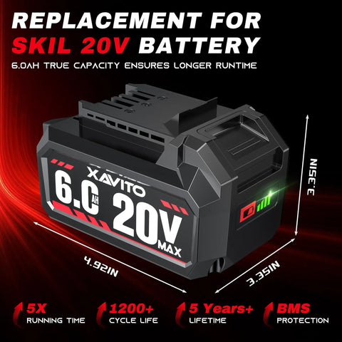 Upgraded 20V Replacement Battery For Skil Power Tools 6000 Mah Pack Delivers Real World Juice Dependable Lithium Ion Build, showing dimensions.