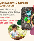 Kid Friendly Garden Hand Fork Mini Steel Digging Tool With Wooden Handle Durable Little Gardening Tool For Children Perfect For Soil Prep Weeding And Outdoor Play Yellow shown with plants.