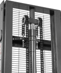 Mechmaxx 3300 Lb Electric Lithium Ion Straddle Stacker With 98 Inch Lift Height and Adjustable Legs Forks 24V Battery Industrial Pallet Handler For Warehouses chain mechanism close-up