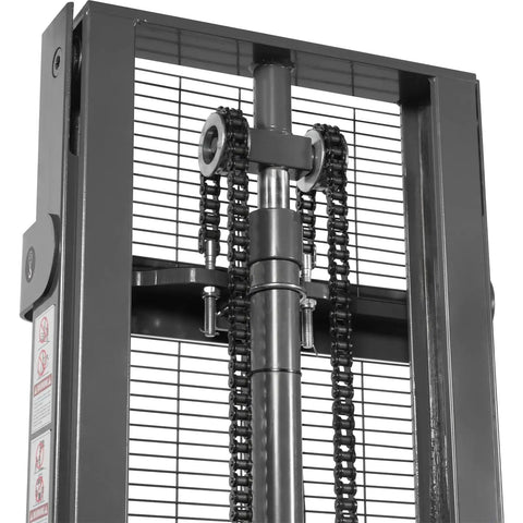Mechmaxx 3300 Lb Electric Lithium Ion Straddle Stacker With 98 Inch Lift Height and Adjustable Legs Forks 24V Battery Industrial Pallet Handler For Warehouses chain mechanism close-up