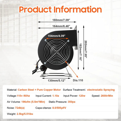 Product diagram of heavy duty centrifugal blower fan with dimensions and specifications.