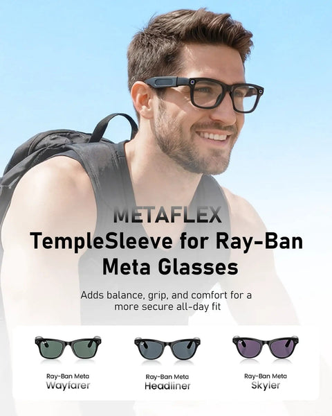 Man wearing Meta Wayfarer Smart Glasses with Anti Slip Ear Grips For Meta Wayfarer Smart Glasses Silicone Temple Shields For A Snug All Day Fit