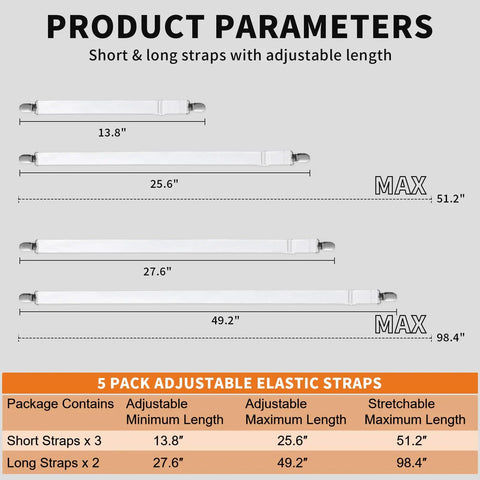 Size chart for Hidden Strap Tablecloth Clips 5 Pack Adjustable Elasticity Large Clamps For Thick Tables