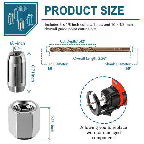 Replacement Collet And Nut Kit For CN1 3 1/8 Inch Collets And 1 Nut Includes 10 1/8 Inch Drywall Guide Point Cutting Bits diagram