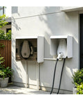 Heavy Duty Outdoor Ev Charger Rain Cover Featuring Galvanized Steel Construction And Wall Mount Spacing For Nasty Weather And Hella Tough Type Two Housing mounted on wall.