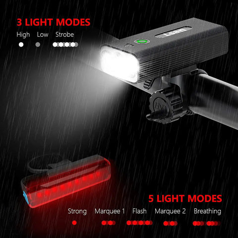 Ultra Bright 1200 Lumen Bike Lights For Night Riding Front And Back USB Rechargeable Bicycle Light Set With 3 LED Headlight Power Bank Function IPX5 Waterproof And Three Plus Five Light Modes
