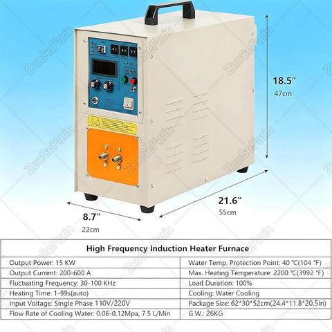 Built Tough Heavy Hitter Induction Heater 15KW 30 To 100Khz 200 To 600A dimensions 21.6 x 18.5 x 8.7 inches for metal melting.