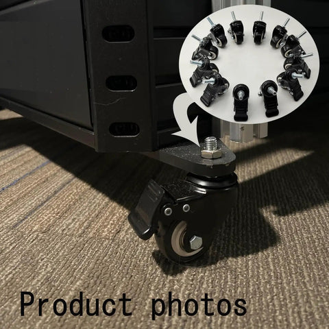 Heavy Duty Two Inch Polyurethane Stem Casters With Smooth Riding Dual Ball Bearings No Fuss Swivel Design Locking Brake Mechanism Top Shelf Black Gliders Pack Of Four installed on furniture.